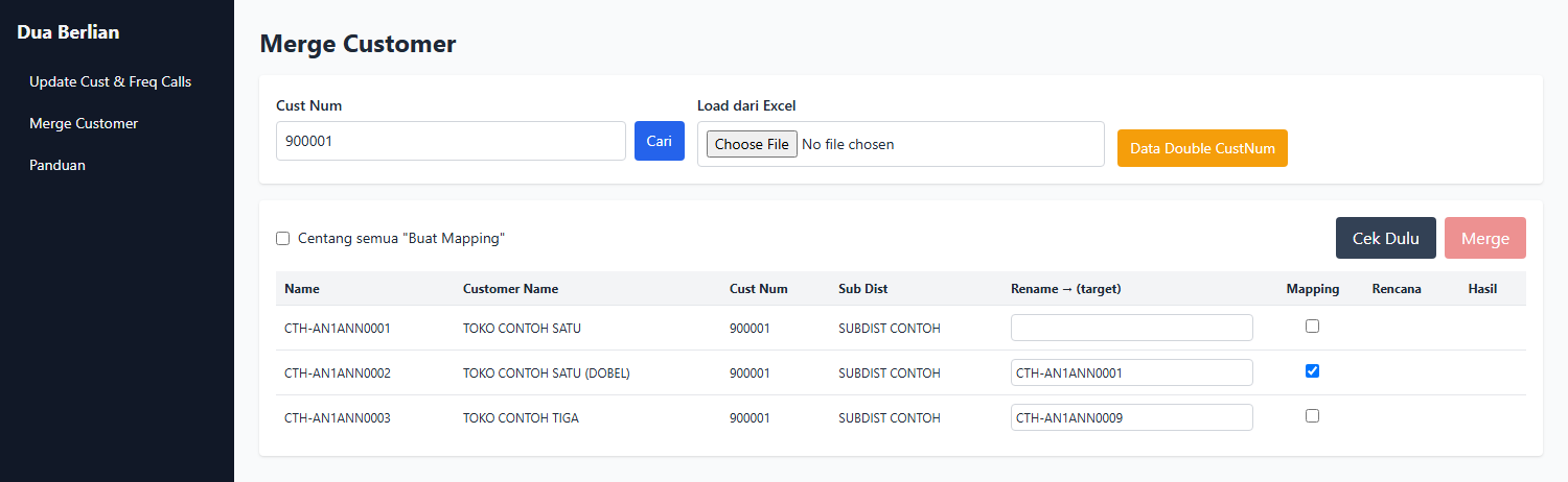Kolom Target Rename diisi kode customer tujuan.