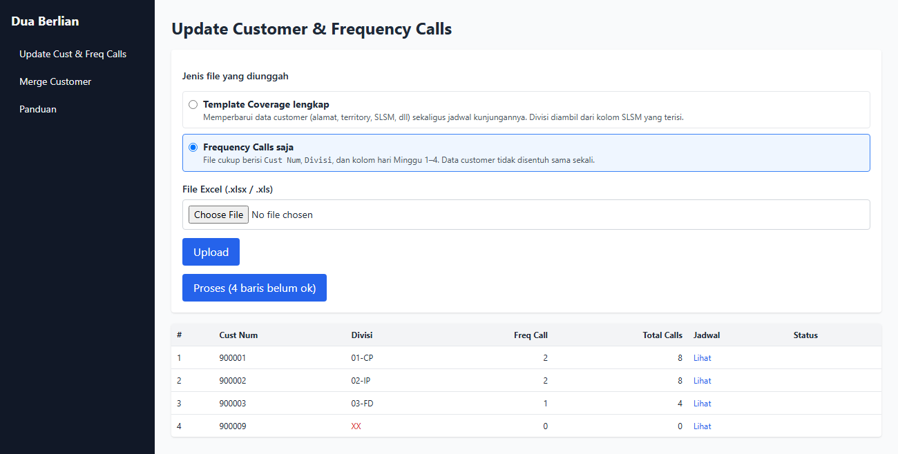Mode Frequency Calls saja: tabel pratinjau hanya menampilkan Cust Num, Divisi, dan jadwalnya.